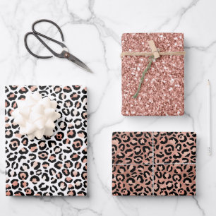 Rosa Rose Schwarz Weiß Leopard Geschenkpapier Set