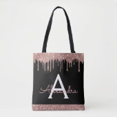 Rosa Rose Schwarzer Glitzer Elegantes Monogramm Tasche (Vorderseite)