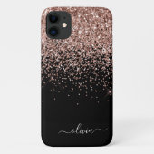 Rosa Rose Schwarzer Glitzer Monogram Name Case-Mate iPhone Hülle (Rückseite)