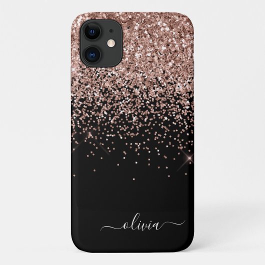 Rosa Rose Schwarzer Glitzer Monogram Name Case-Mate iPhone Hülle (Rückseite)