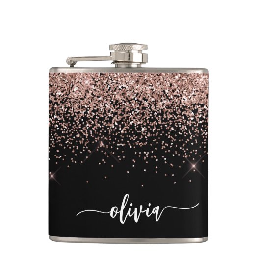 Rosa Rose Schwarzer Glitzer Monogram Name Flachmann (Vorderseite)