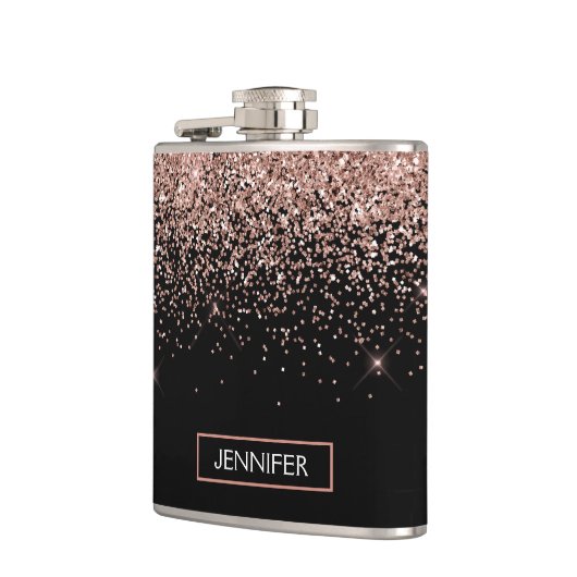 Rosa Rose Schwarzer Glitzer Monogram Name Flachmann (Links)