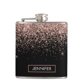 Rosa Rose Schwarzer Glitzer Monogram Name Flachmann (Vorderseite)