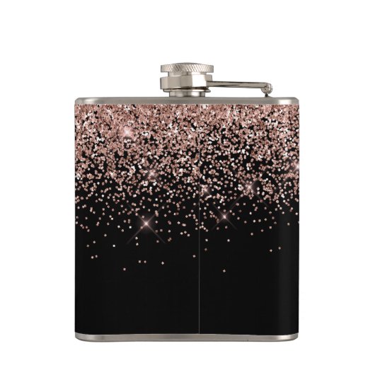 Rosa Rose Schwarzer Glitzer Monogram Name Flachmann (Rückseite)