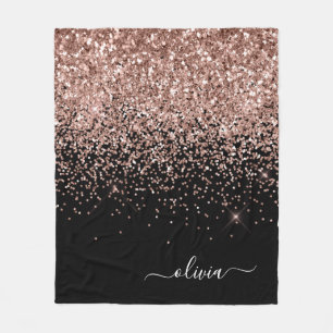 Rosa Rose Schwarzer Glitzer Monogram Name Fleecedecke