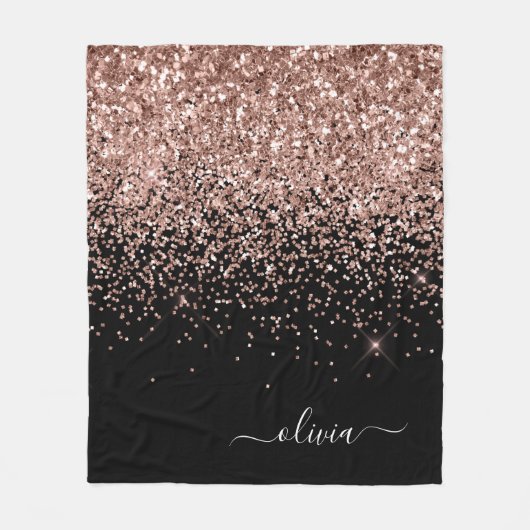 Rosa Rose Schwarzer Glitzer Monogram Name Fleecedecke (Vorderseite)
