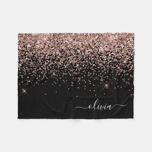 Rosa Rose Schwarzer Glitzer Monogram Name Fleecedecke (Vorderseite (Horizontal))