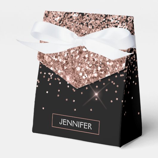 Rosa Rose Schwarzer Glitzer Monogram Name Geschenkschachtel (Vorderseite)