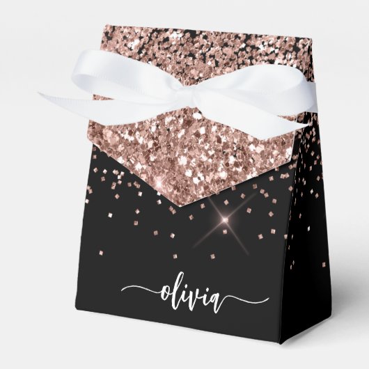 Rosa Rose Schwarzer Glitzer Monogram Name Geschenkschachtel (Vorderseite)