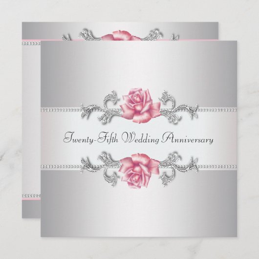 Rosa Rose Silver 25. Hochzeitstag Einladung (Vorne/Hinten)
