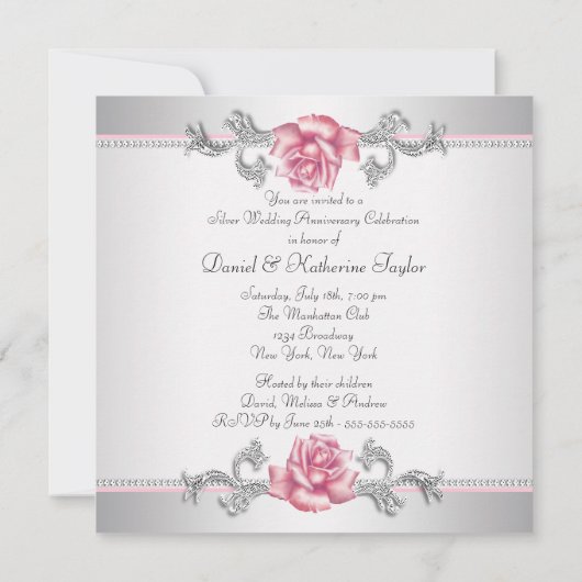 Rosa Rose Silver 25. Hochzeitstag Einladung (Rückseite)