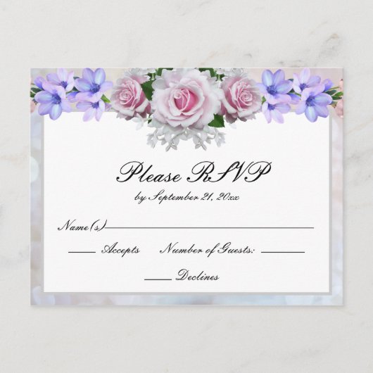Rosa Rose | Silver Bokeh Wedding Response Einladungspostkarte (Vorderseite)