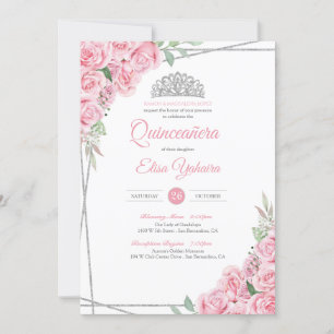 Rosa Rose Silver Diamond Tiara Quinceanera Einladung
