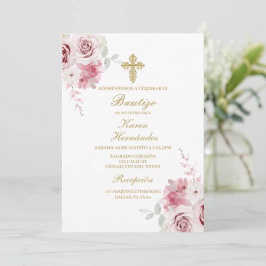 Rosa Rose Taufe Spanisch Einladung (Stehend Vorderseite)