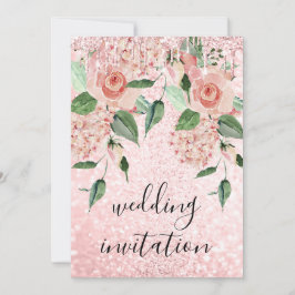 Rosa Rose Tropfens Glitzer Grüne Hochzeit mit Blum Einladung