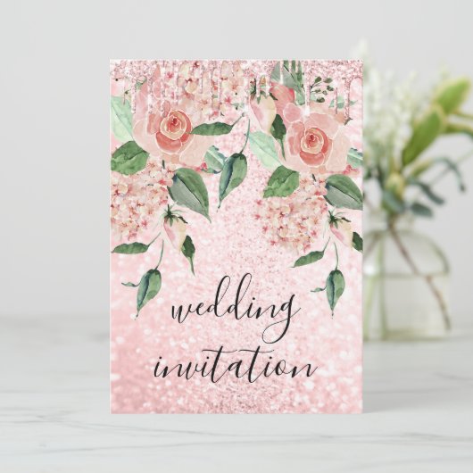 Rosa Rose Tropfens Glitzer Grüne Hochzeit mit Blum Einladung (Stehend Vorderseite)
