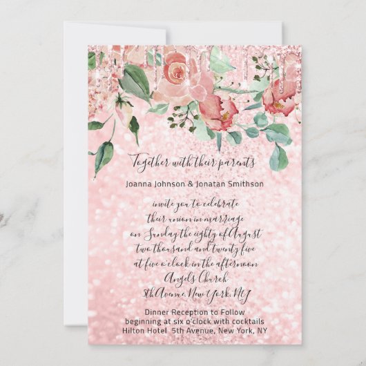 Rosa Rose Tropfens Glitzer Grüne Hochzeit mit Blum Einladung (Rückseite)