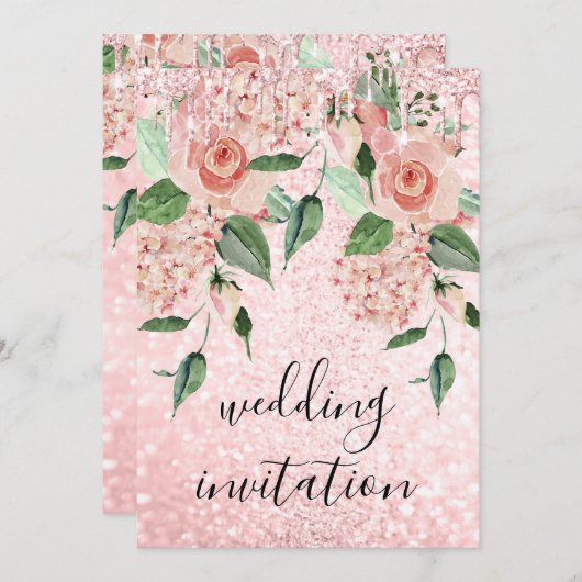Rosa Rose Tropfens Glitzer Grüne Hochzeit mit Blum Einladung (Vorne/Hinten)