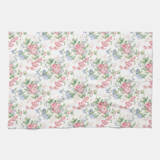 Rosa Rose und blau blühender Chintz Geschirrtuch (Horizontal)