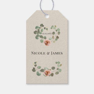 Rosa Rose und Eukalyptus Herz Rustikale Hochzeit Geschenkanhänger