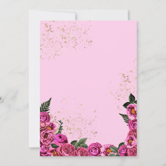 Rosa Rose und Gold Elegante Gown Quinceñera Einladung (Rückseite)