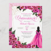 Rosa Rose und Gold Elegante Gown Quinceñera Einladung (Vorne/Hinten)