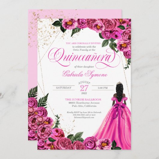 Rosa Rose und Gold Elegante Gown Quinceñera Einladung (Vorne/Hinten)