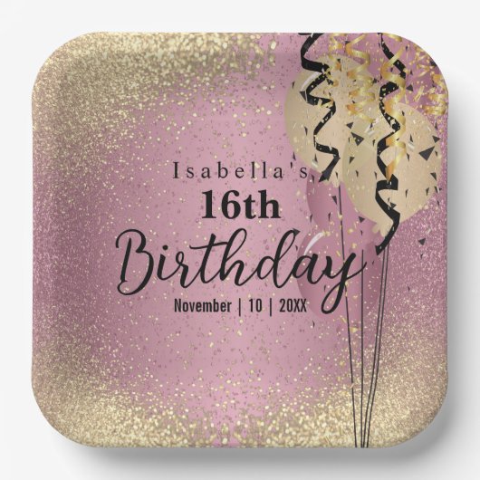 Rosa Rose und Gold Glitzer Geburtstag Pappteller (Vorderseite)