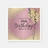 Rosa Rose und Gold Glitzer Geburtstag Serviette (Vorderseite)