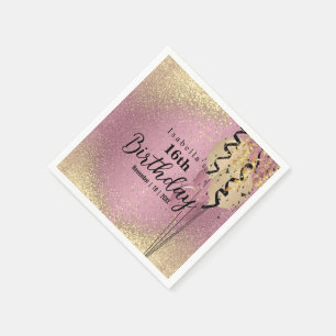 Rosa Rose und Gold Glitzer Geburtstag Serviette
