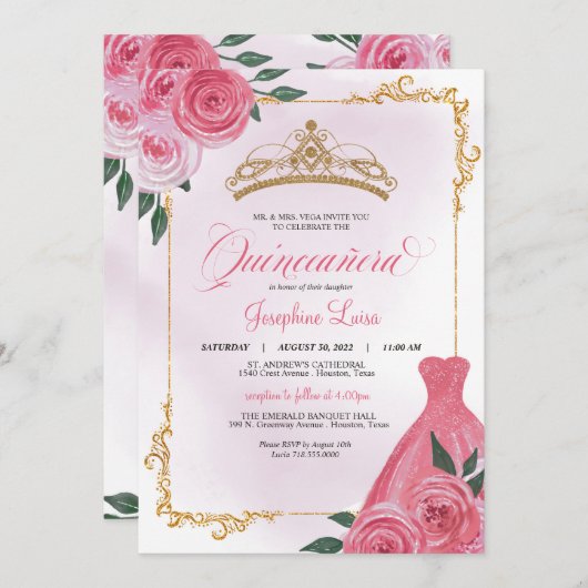 Rosa Rose und Gold Weiße Flora Tiara Quinceñera Einladung (Vorne/Hinten)