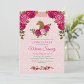 Rosa Rose und Goldenes Pferd Quinceanera Geburtsta Einladung (Stehend Vorderseite)