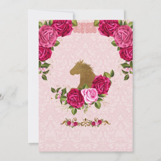 Rosa Rose und Goldenes Pferd Quinceanera Geburtsta Einladung (Rückseite)