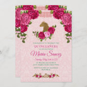 Rosa Rose und Goldenes Pferd Quinceanera Geburtsta Einladung (Vorne/Hinten)