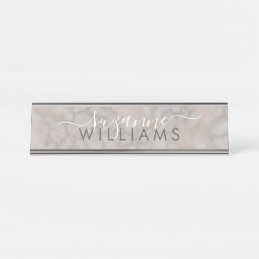 Rosa Rose und graue Marmorplatte Elegante Schreibtischnamensplakette (Vorderseite )