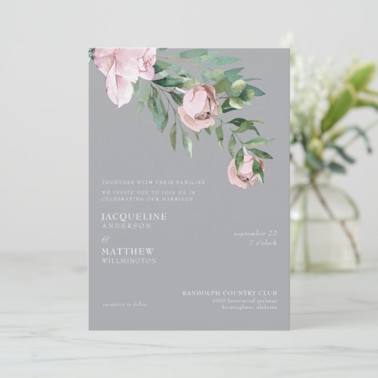 Rosa Rose und Graue Rose zusammen mit Hochzeit Einladung (Stehend Vorderseite)