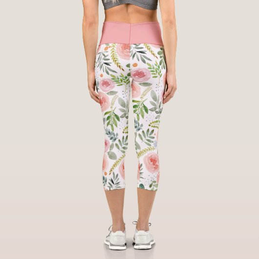 Rosa Rose und Grüne Blätter Capri Legging (Rückseite)