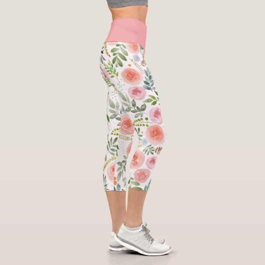 Rosa Rose und Grüne Blätter Capri Legging (Rechts)