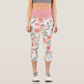 Rosa Rose und Grüne Blätter Capri Legging (Vorderseite)