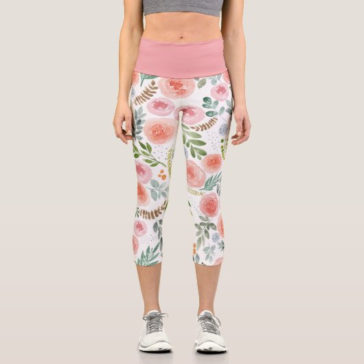 Rosa Rose und Grüne Blätter Capri Legging (Vorderseite)