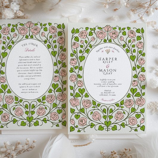 Rosa Rose und grünes Herz Einladung