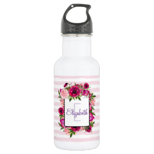 Rosa Rose und Poppy Floral Bouquet Monogramm Edelstahlflasche