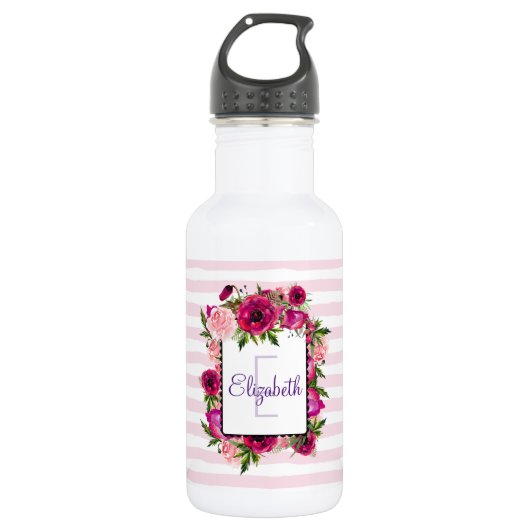 Rosa Rose und Poppy Floral Bouquet Monogramm Edelstahlflasche (Vorderseite)