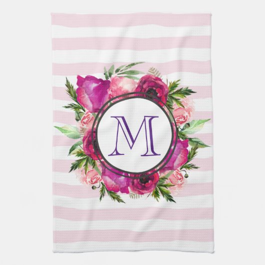 Rosa Rose und Poppy Floral Bouquet Monogramm Geschirrtuch (Vertikal)