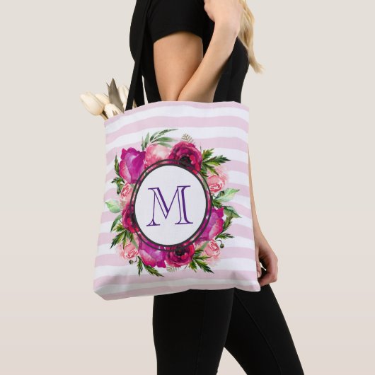 Rosa Rose und Poppy Floral Bouquet Monogramm Tasche (Von Nahem)