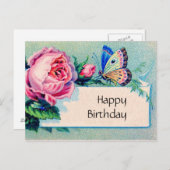 Rosa Rose und Schmetterling: Alles Gute zum Geburt Postkarte (Vorne/Hinten)
