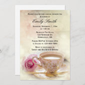 Rosa Rose und Teacup | Eleganter Brautparty Tee Einladung (Vorne/Hinten)