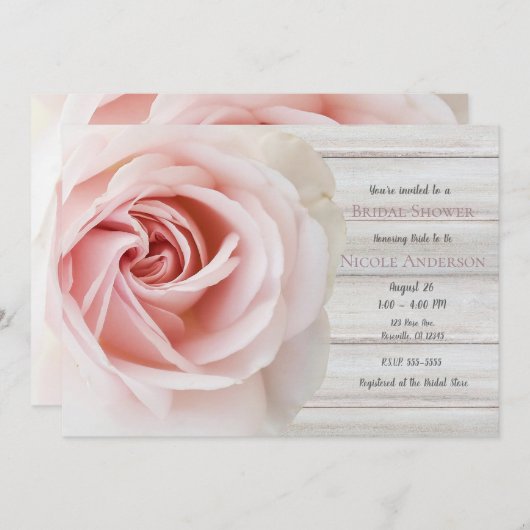 Rosa Rose und Weißholz Shabby Chic Brautparty Einladung (Vorne/Hinten)