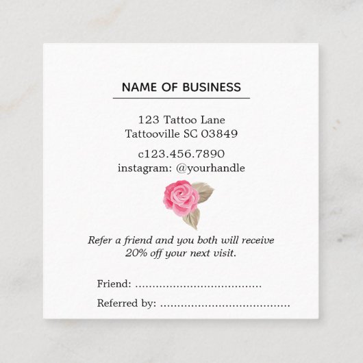 Rosa Rose verweisen eine Freund-Empfehlungs-Karte Quadratische Visitenkarte (Rückseite)