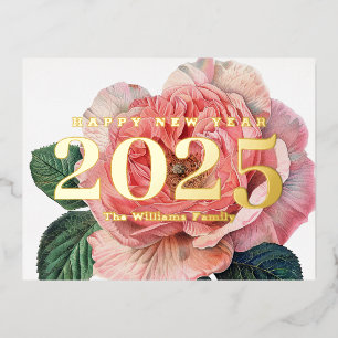 Rosa Rose Vintage Blume Frohes Neues Jahr 2025 Gol Folien Feiertagspostkarte